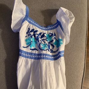 White & Blue Embroidered Ruffle Romper NWOT